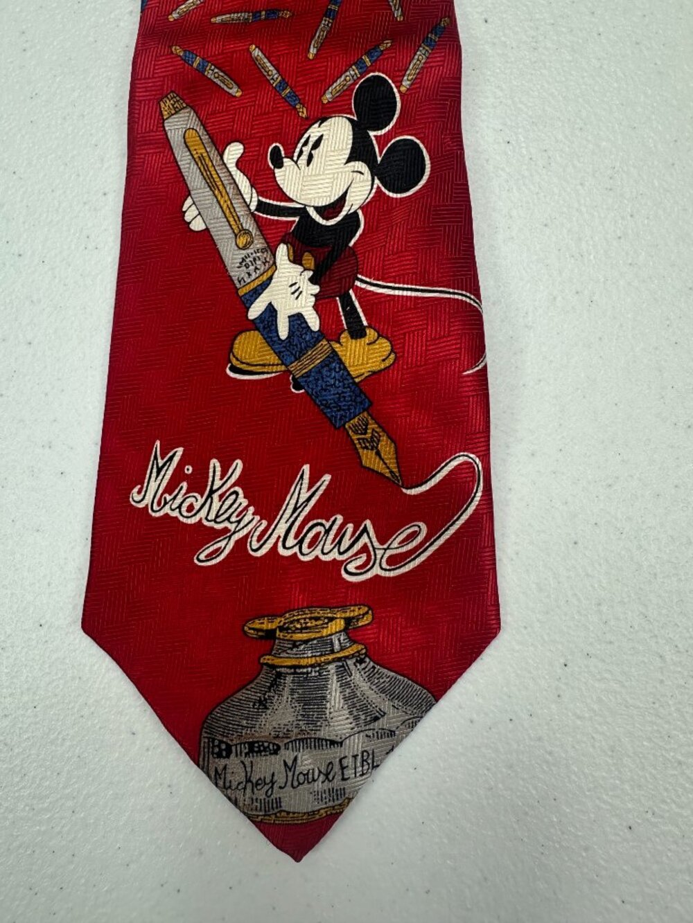 Vintage Disney Mickey Mouse 1997 100% Silk Red Fountain Pen Tie